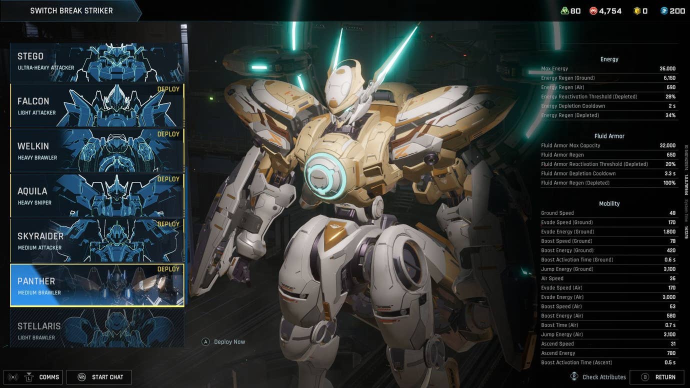 A white mech is in the hangar bay with a menu showing moddable parts.